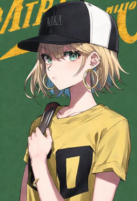69477-1319221886-mika pikazo, masterpiece, best quality, 1girl, aqua eyes, baseball cap, blonde hair, closed mouth, earrings, green background, h.png